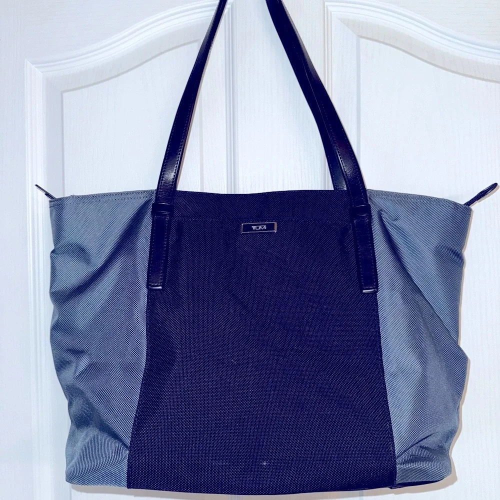Tumi Two Tone Black and Gray Tote Bag with Modern Design Leather Straps